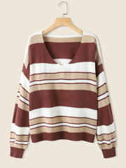 Ombre Stripe Loose Dropped Shoulder V-neck Long Sleeve Sweater