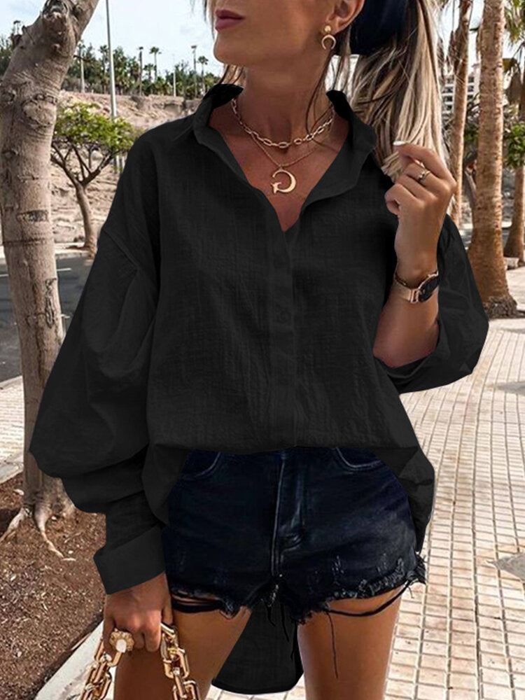 Casual Solid Color Pleated Long Sleeve Loose Cotton Shirt