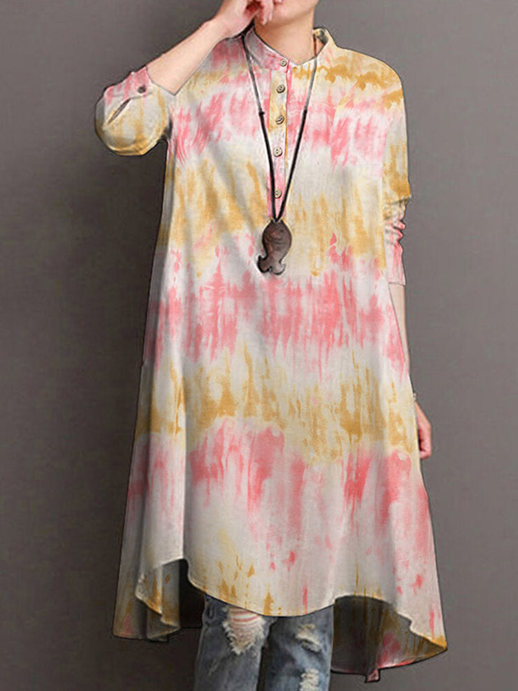 Women Tie-dyed Print Long Sleeves Stand Collar Casual Blouse