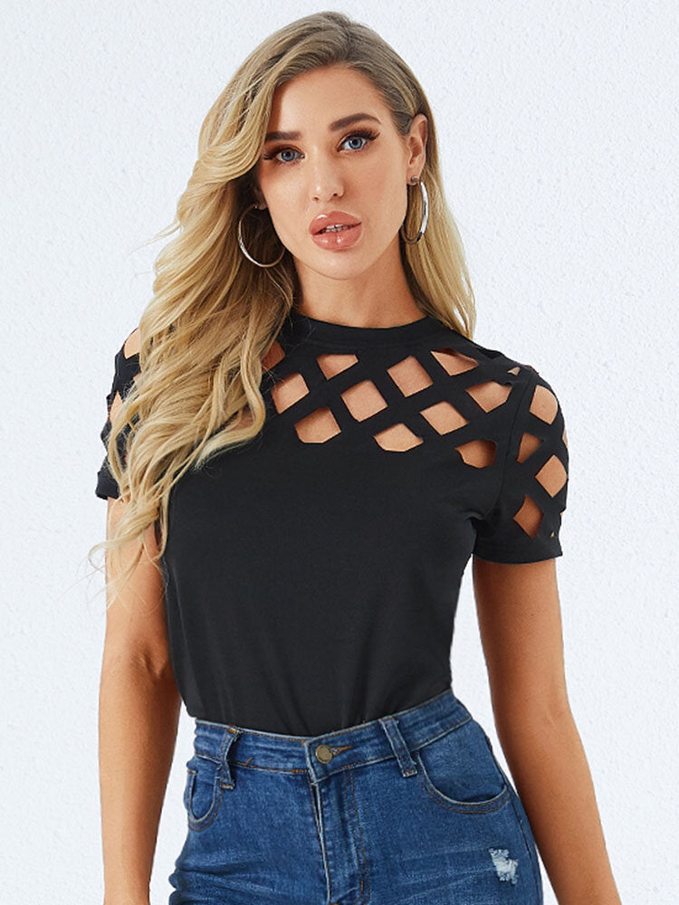 Solid Fishnet Short Sleeve Crew Neck Casual T-shirt
