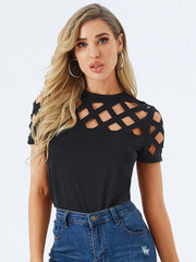 Solid Fishnet Short Sleeve Crew Neck Casual T-shirt