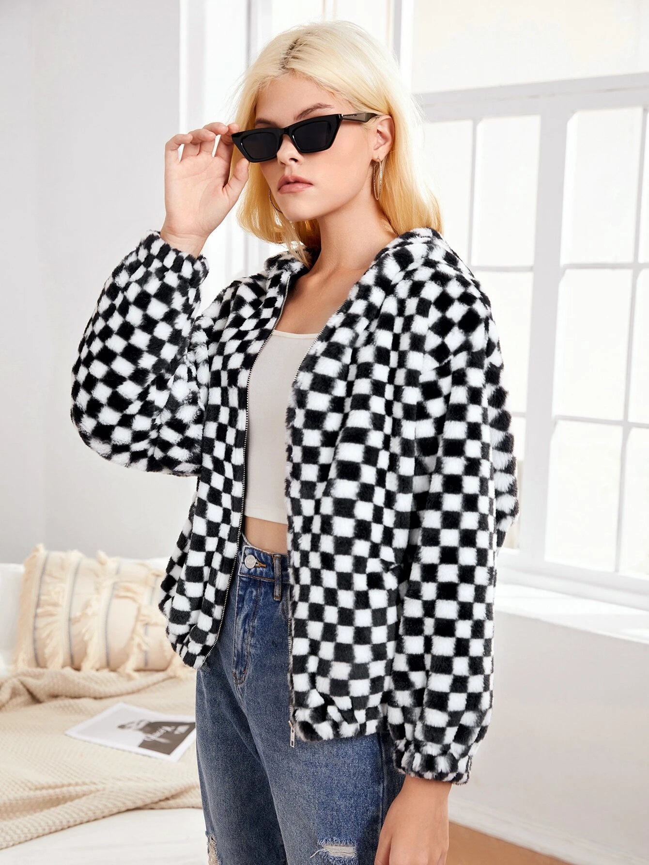Checker Pattern Drop Shoulder Zipper Hooded Flannel Jacket