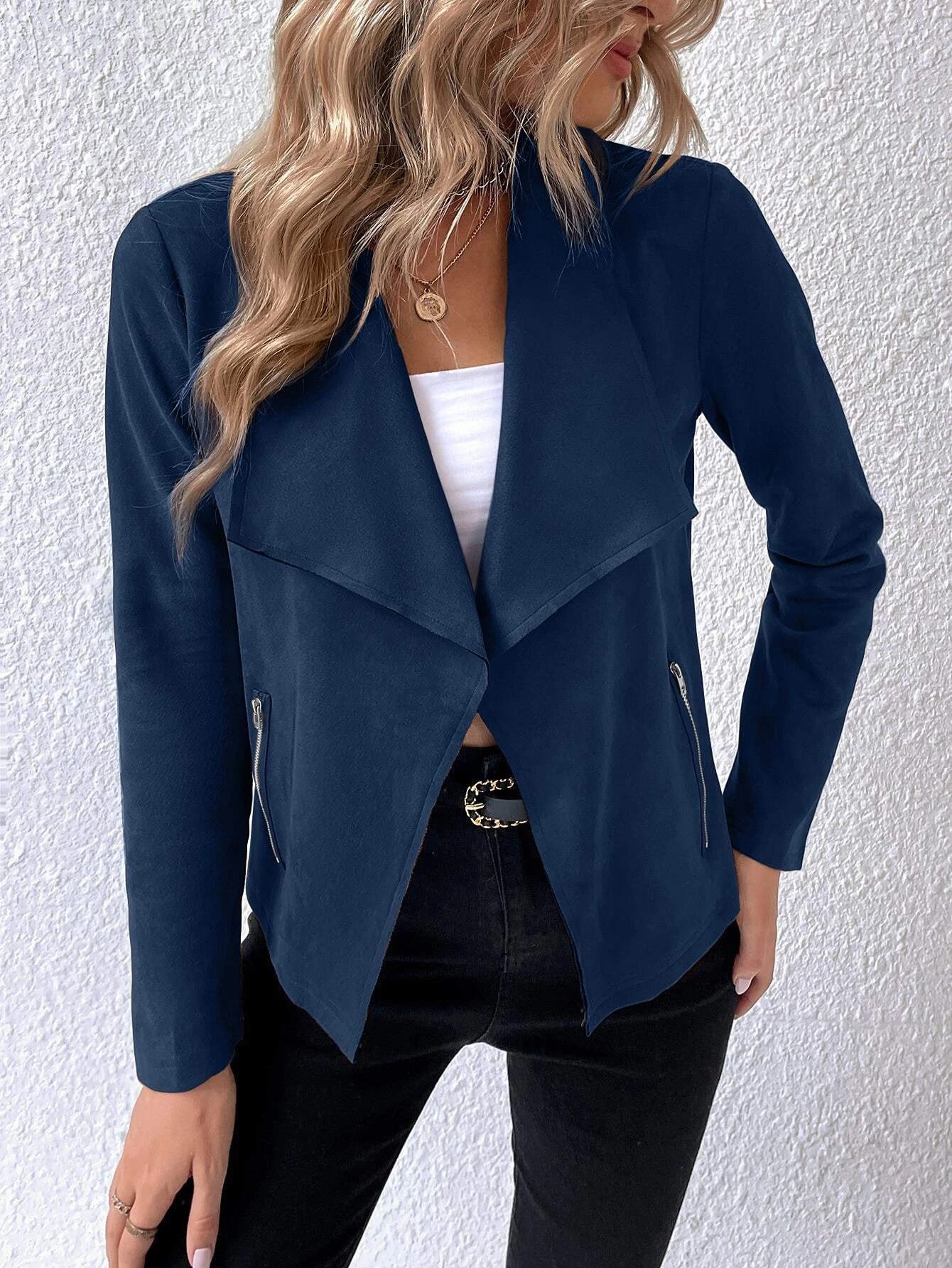 Frenchy Waterfall Collar Open Front Faux Suede Jacket
