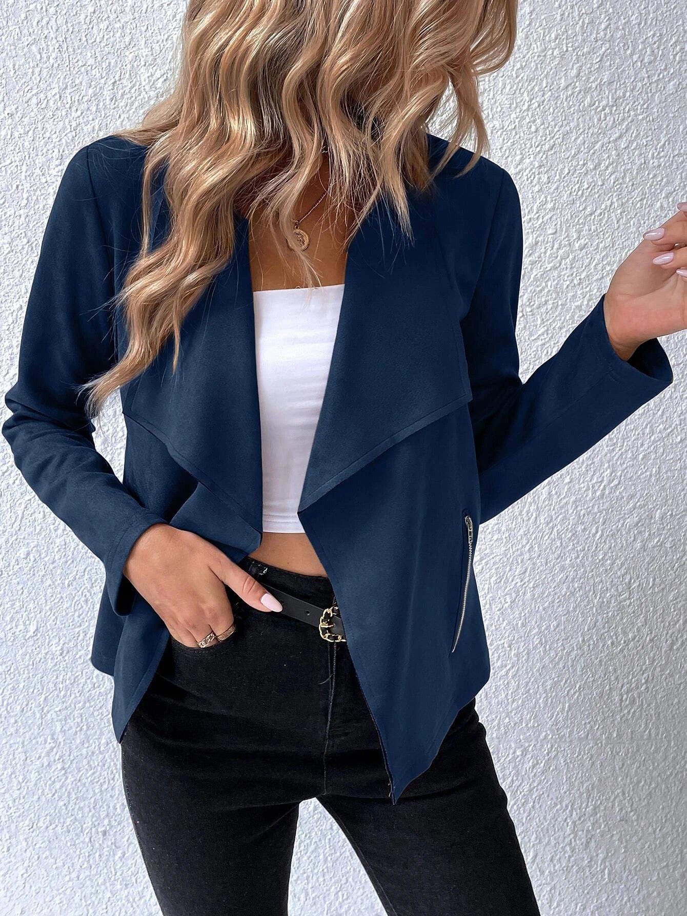 Frenchy Waterfall Collar Open Front Faux Suede Jacket