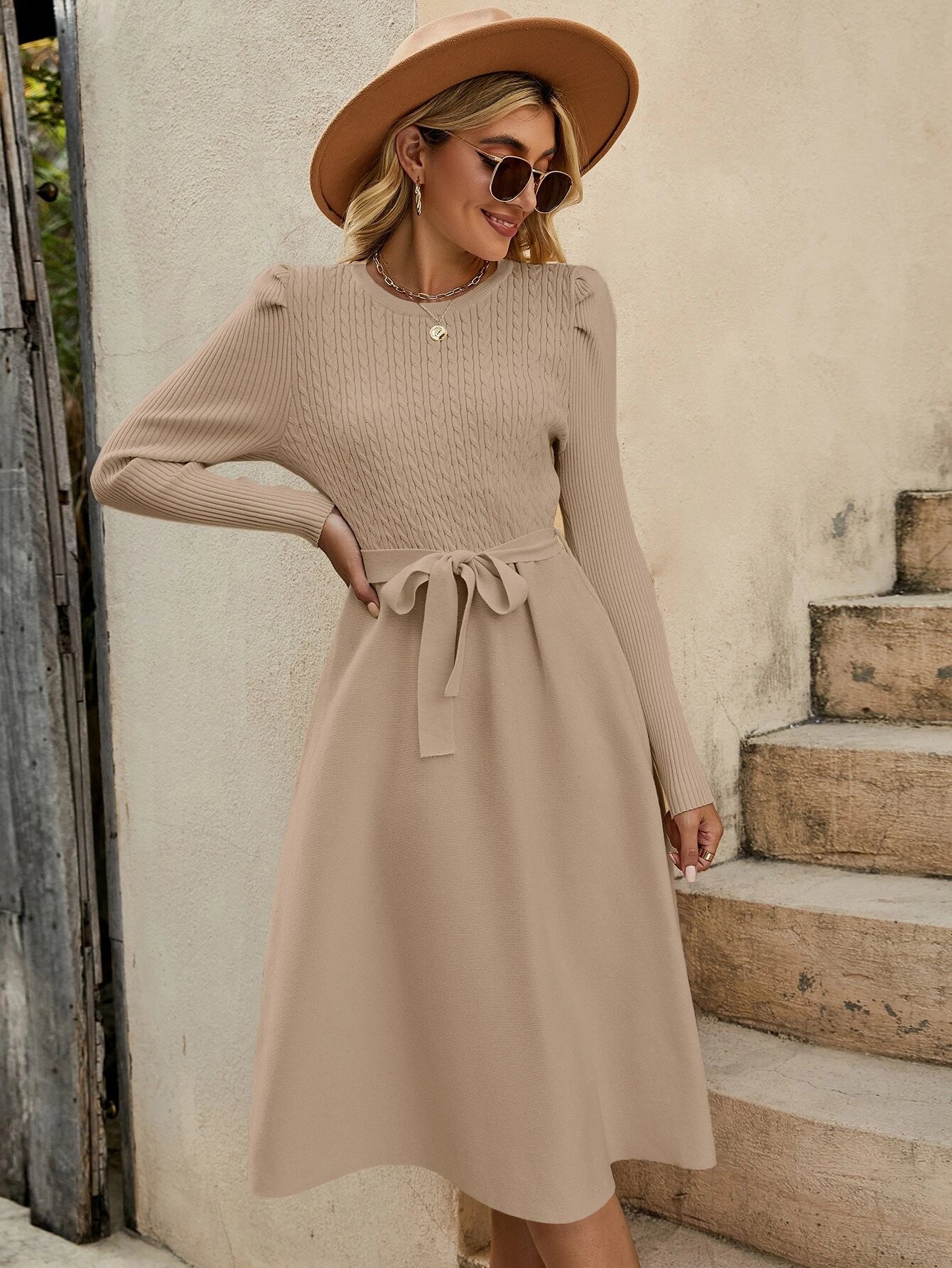 LUNE Cable Knit Belted Sweater Dress