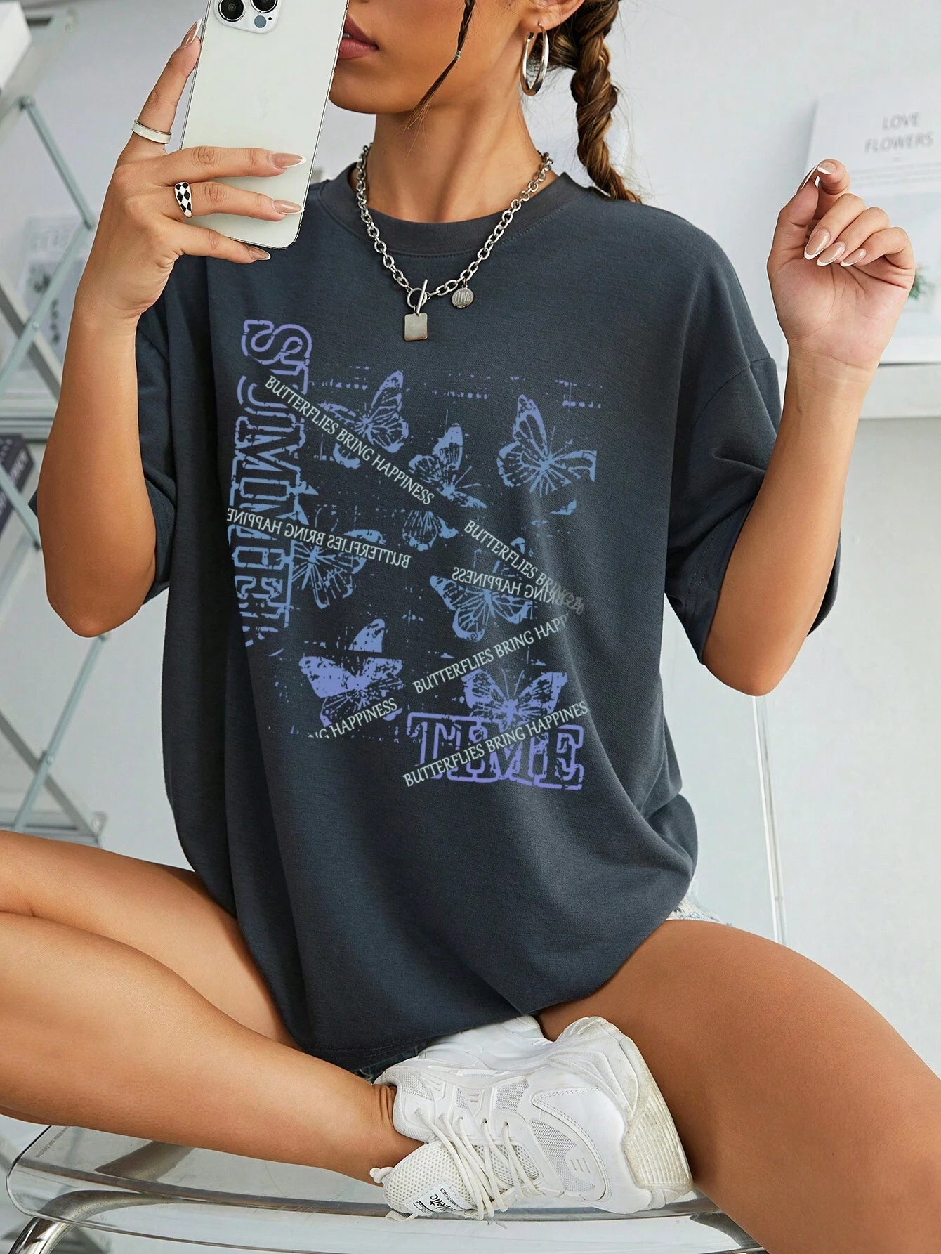 EZwear Butterfly And Slogan Graphic Drop Shoulder Tee