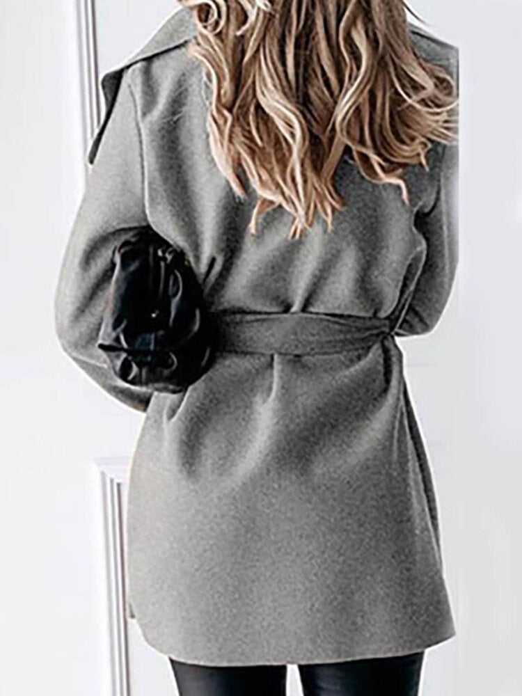 Solid Color Knotted Lapel Collar Casual Coat For Women