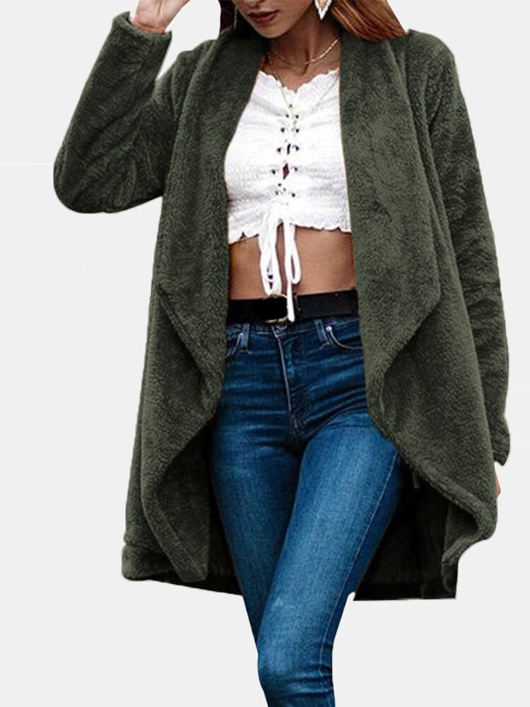 Solid Color Long Sleeve Plush Casual Cardigan For Women