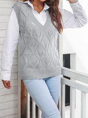Solid Sleeveless Knitted Crochet Pullover V-neck Sweater