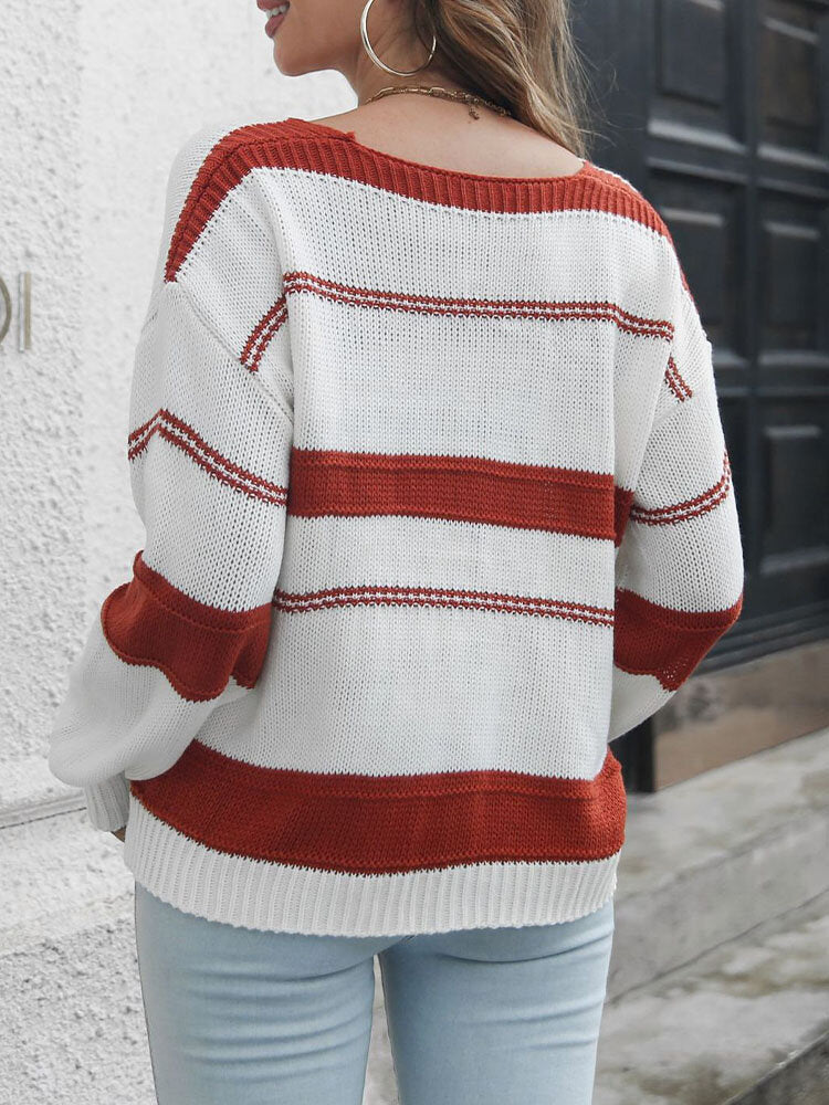 Stripe Contrast Long Sleeve V-neck Knit Loose Sweater