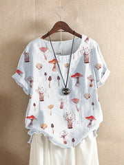 Mushroom Print Short Sleeve Loose O-neck T-Shirt For Women
