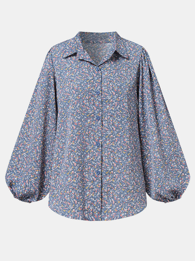 Floral Print Lapel Long Sleeve Casual Blouse For Women