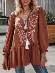 Vintage Ethnic Embroidery V-neck Lace Up Cotton Pleated Blouse