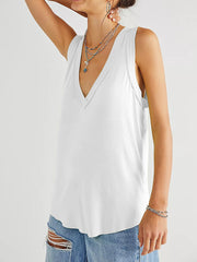 Solid Sleeveless V-neck Casual Tank Top For Women