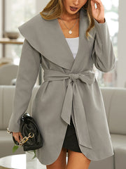 Solid Color Knotted Lapel Collar Casual Coat For Women