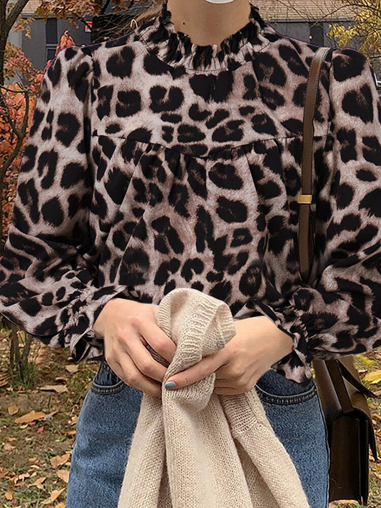 Leopard Print Ruffle Stand Collar Long Sleeve Blouse