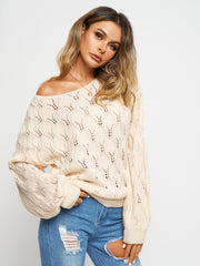 Pointelle Round Neck Pullover Long Sleeve Sweater