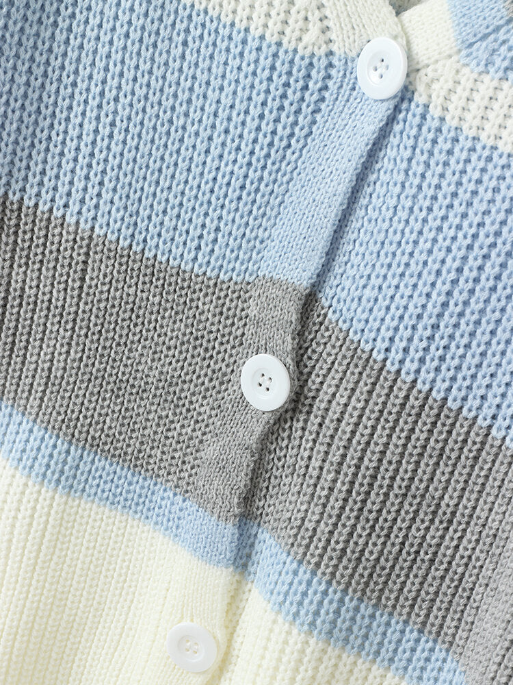 Color Block Button Front V-neck Knit Loose Cardigan