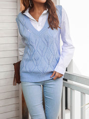Solid Sleeveless Knitted Crochet Pullover V-neck Sweater