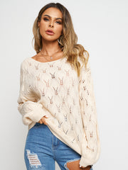 Pointelle Round Neck Pullover Long Sleeve Sweater