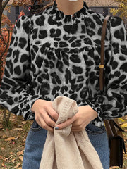Leopard Print Ruffle Stand Collar Long Sleeve Blouse