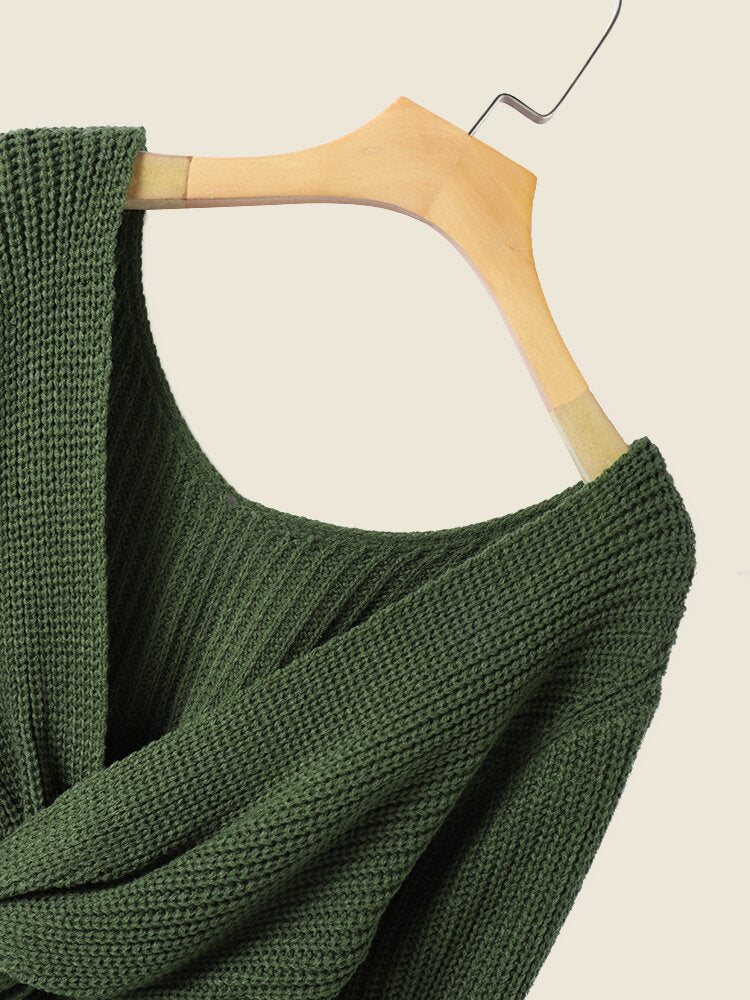Twisted Solid Cropped V-neck Long Sleeve Pullover Sweater