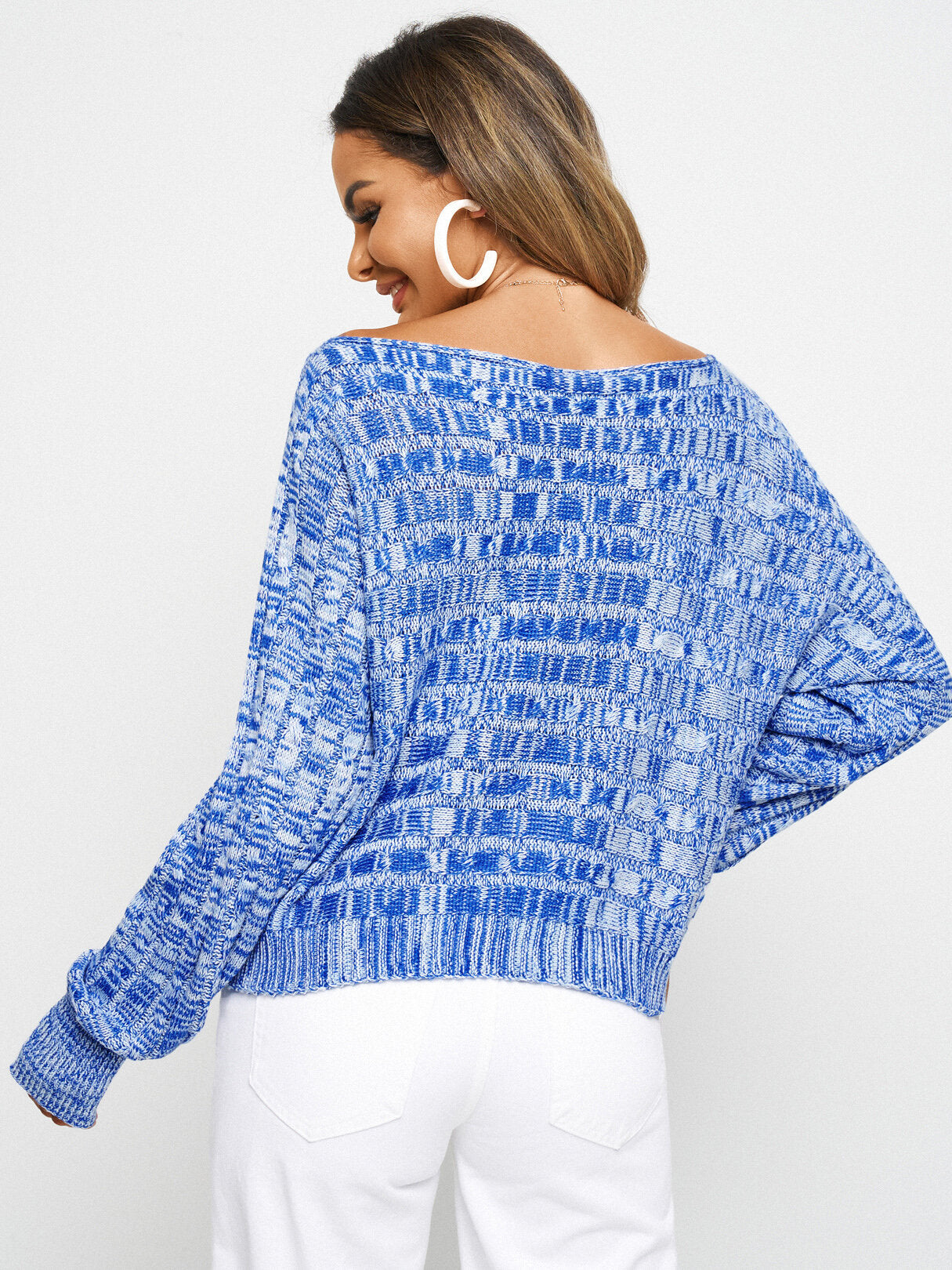 Slash Neck Marled Cable Knit Long Sleeve Pullover Sweater