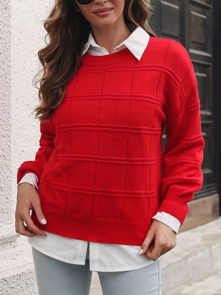 Check Pattern Long Sleeve Crew Neck Loose Sweater