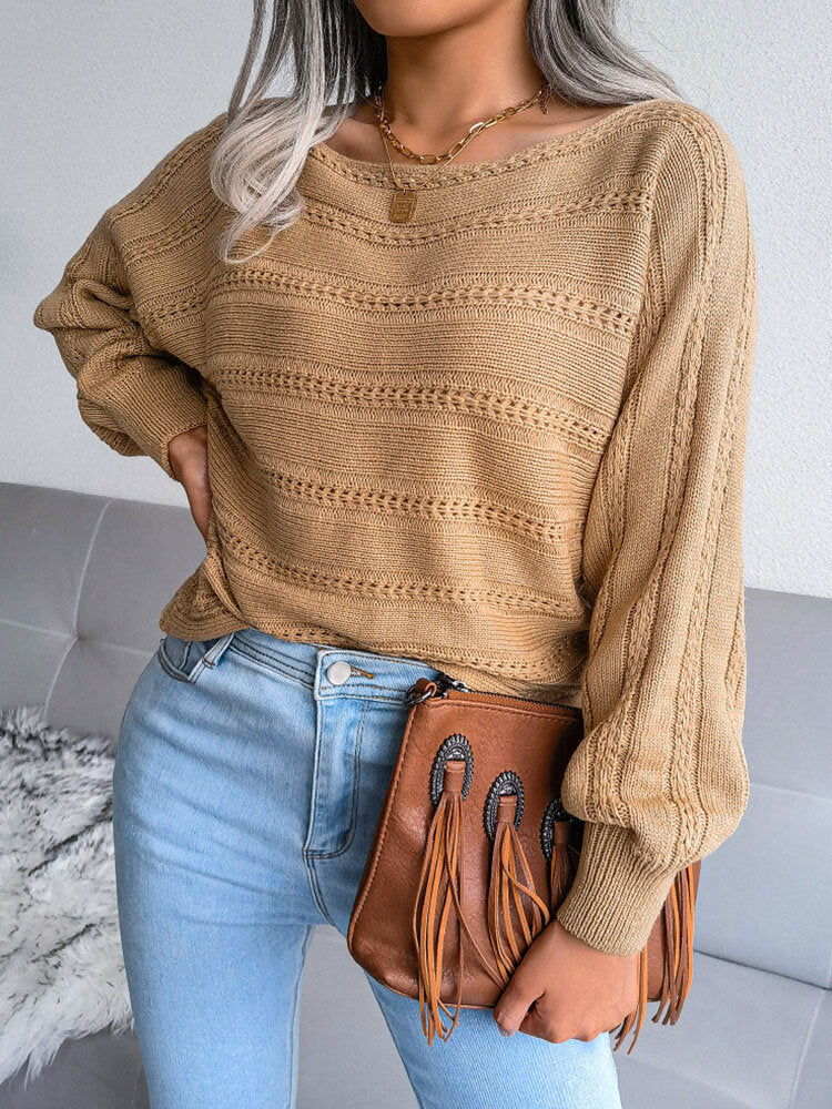Pointelle Knit Solid Loose Long Sleeve Crew Neck Sweater