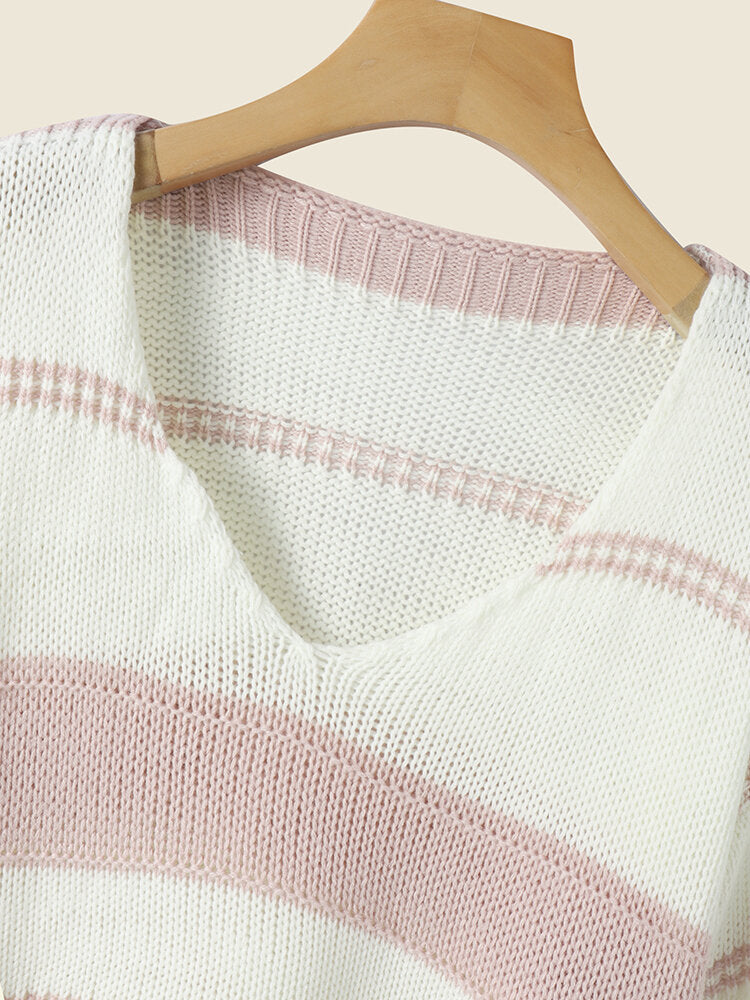Stripe Contrast Long Sleeve V-neck Knit Loose Sweater