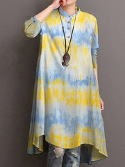 Women Tie-dyed Print Long Sleeves Stand Collar Casual Blouse