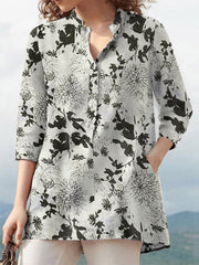 Plants Print Button Pocket Stand Collar 3/4 Sleeve Blouse
