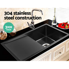 Cefito Kitchen Sink 75X45CM Stainless Steel Basin Single Bowl Black