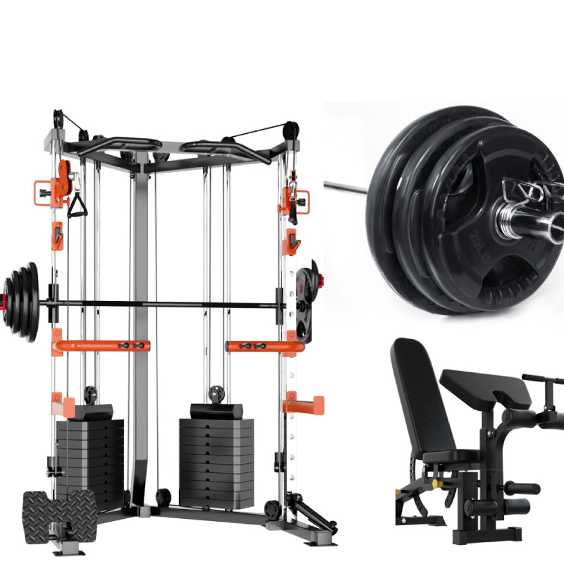 SmartFit C1 Max Multi Functional Cable Crossover Station 130kgs Pin Loaded Machine + Multi Func Bench+7Ft Olympic Barbell + 100kgs Weights