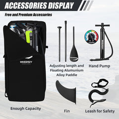 Inflatable vertical paddle set for water sports and surfing-including air pump, paddle, rope, backpack, fin box and maintenance tools.
