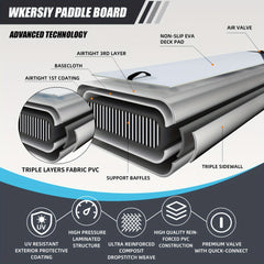 Inflatable vertical paddle set for water sports and surfing-including air pump, paddle, rope, backpack, fin box and maintenance tools.