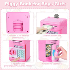 Smart ATM Piggy Bank with Password Lock & Coin Slot – Educational Money Box for Kids, Saves Coins & Bills (Pink) | Other Colors Available In-Store