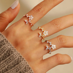 925 Sterling Silver Dainty Camellia Leaf CZs Ring for Women 14K Gold Plated Adjustable Leaves Leaf Laurel Ring to Daughter Mom White Shell Elegant Floral Crystal Finger Rings Wedding Birthday Jewelry