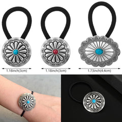 6 Pcs Western Ponytail Holders Metal Boho Hair Ties Flower Circular Hair Ropes Vintage Turquoise Concho Squash Blossom Hair Bands Decoration Accessories for Women Girls