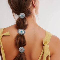 6 Pcs Western Ponytail Holders Metal Boho Hair Ties Flower Circular Hair Ropes Vintage Turquoise Concho Squash Blossom Hair Bands Decoration Accessories for Women Girls