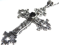 Large Gothic Cross Necklace silver-tone pendant with glass stone, on 24" steel chain…