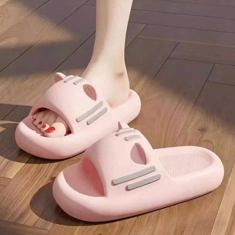 Women’s Slides Cute Bathroom Slippers Non-Slip Cartoon Cat Shaped Indoor Outdoor Summer Slippers(pink,40-41)