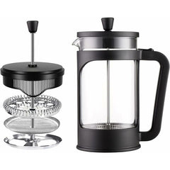 1 Liter/34 Oz French Press Coffee/Tea Maker Heat Resistant Borosilicate Glass, Stainless Steel Filter & Black Lid.