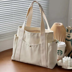 Canvas Tote Bag Large Capacity White for Work Travel College Student Book Shoulder Bag