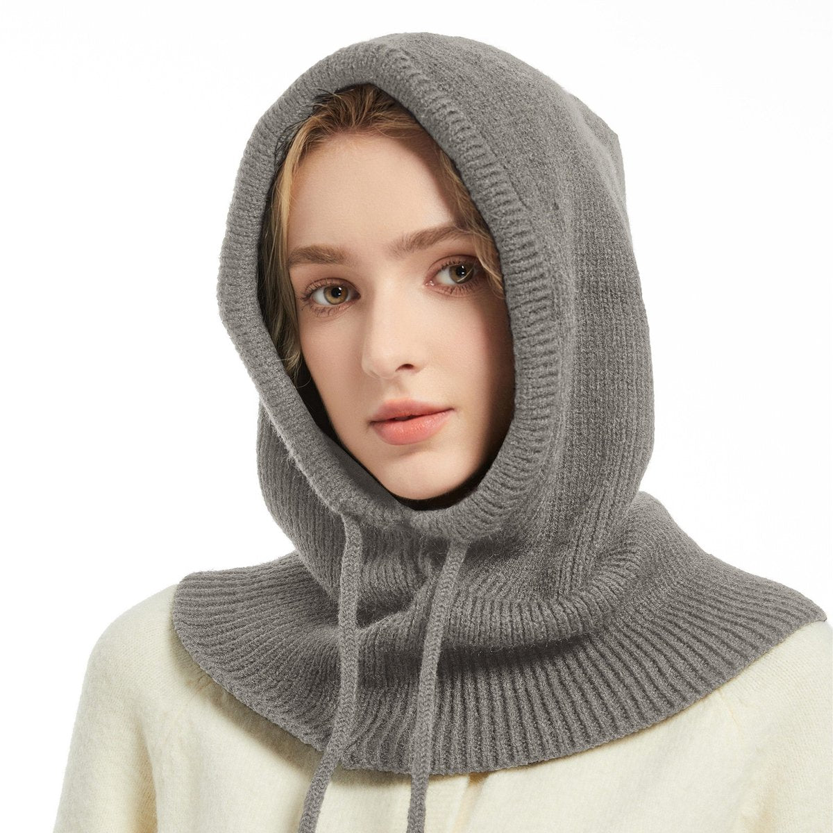 Winter Hats for Women - Knitted Hats - Drawstring - Warm Hooded Scarf - Windproof Hooded Face Mask - Knitted Hat and Neck Warmer Set - Suitable for Skiing, Horse Riding and Motorcycling - Gray