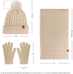 3-in-1 Hat, Scarf & Gloves for Women - Winter Warmth - Cycling Ear Warmers - Knitted Hat, Scarf & Gloves - Beige - Christmas Gift - Birthday Gift