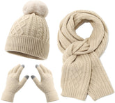 Women's Three-Piece Scarf Set - Women's Scarf - Women's Gloves - Warm Winter Hat - Solid Color - Cable Knit - Warm Hat with Fleece Lining - Knitted Hat with Pompom - Scarf - Unisex - Gloves - Beige