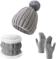 Gloves, hat and scarf - three-piece set - winter knitwear - lined with fleece and thickened - warm and cold resistant - gray