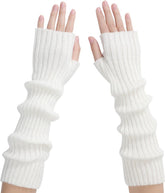 Arm Sleeves - Women's Long Fingerless - Knitted Y2K Arm Sleeves - (Vit)