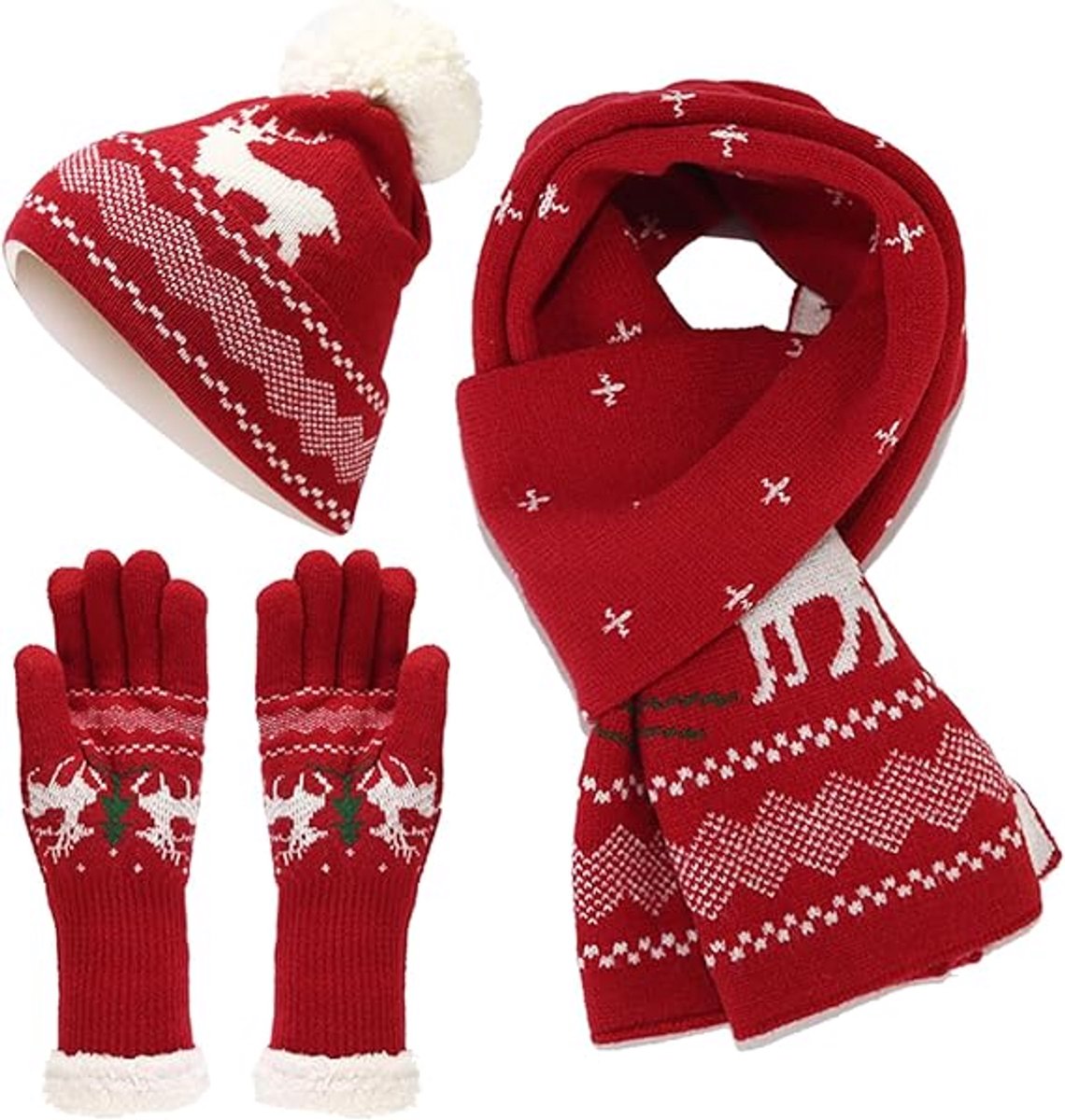 Warm hat, scarves and gloves - Set of 3 - Women's scarf - Warm hat with fleece lining - Knitted hat with pompoms - Warm scarf - Warm gloves - Christmas accessories - Christmas gift - Gifts for family and friends (Red)